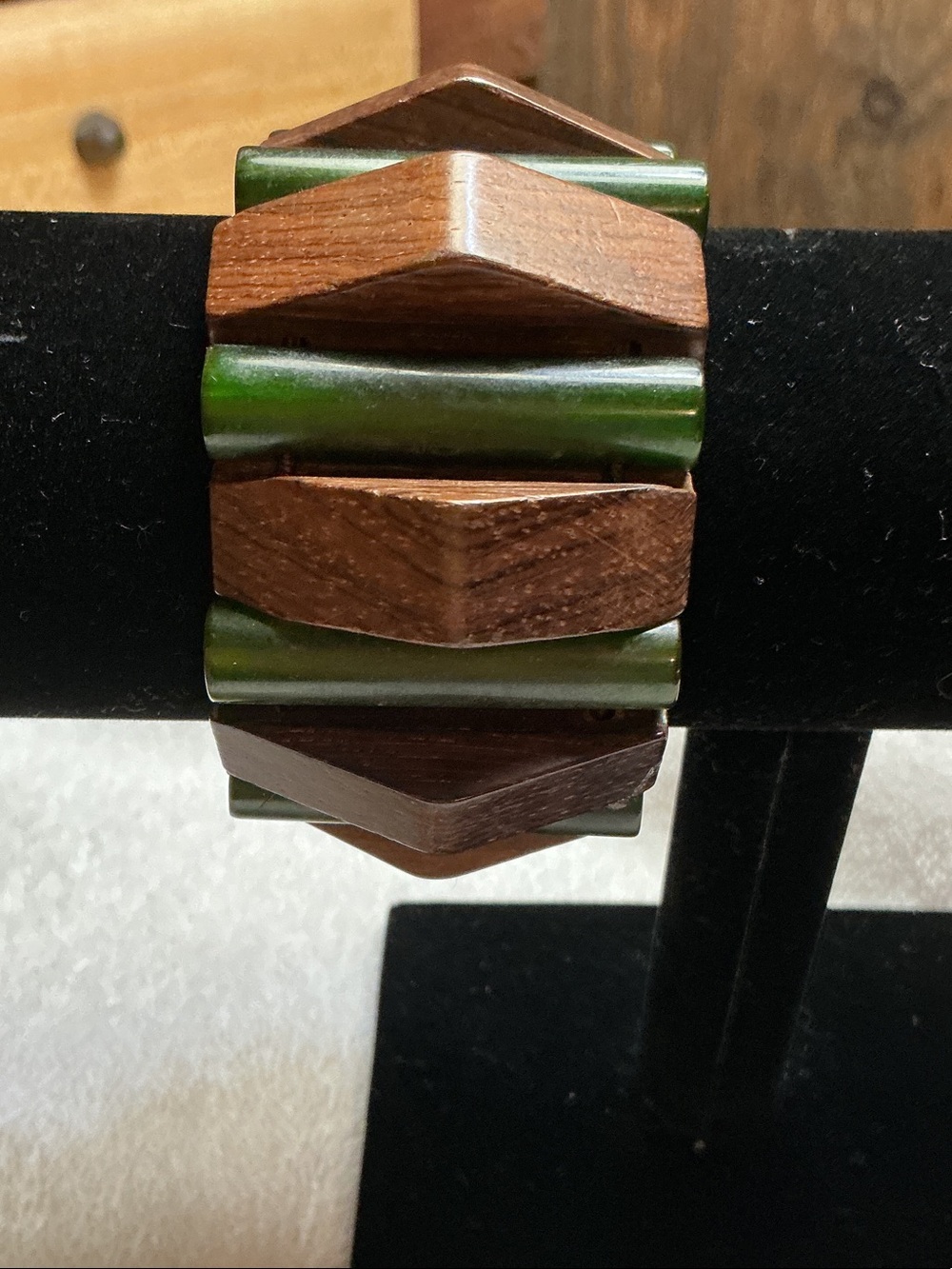 Green and Brown Wood Accent Stretch Bracelet